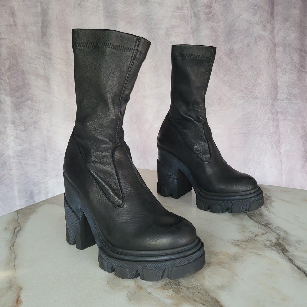 Lofina Platform Stretch Mid Calf Chunky Boots Size 36 Women's Black